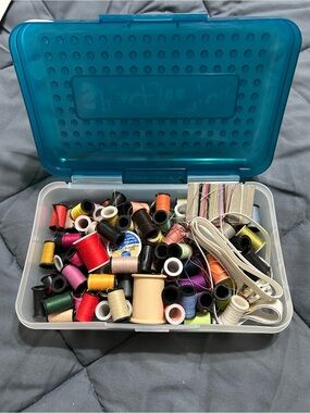 Clear Plastic Storage Box with Teal Blue Lid -  With Thread
